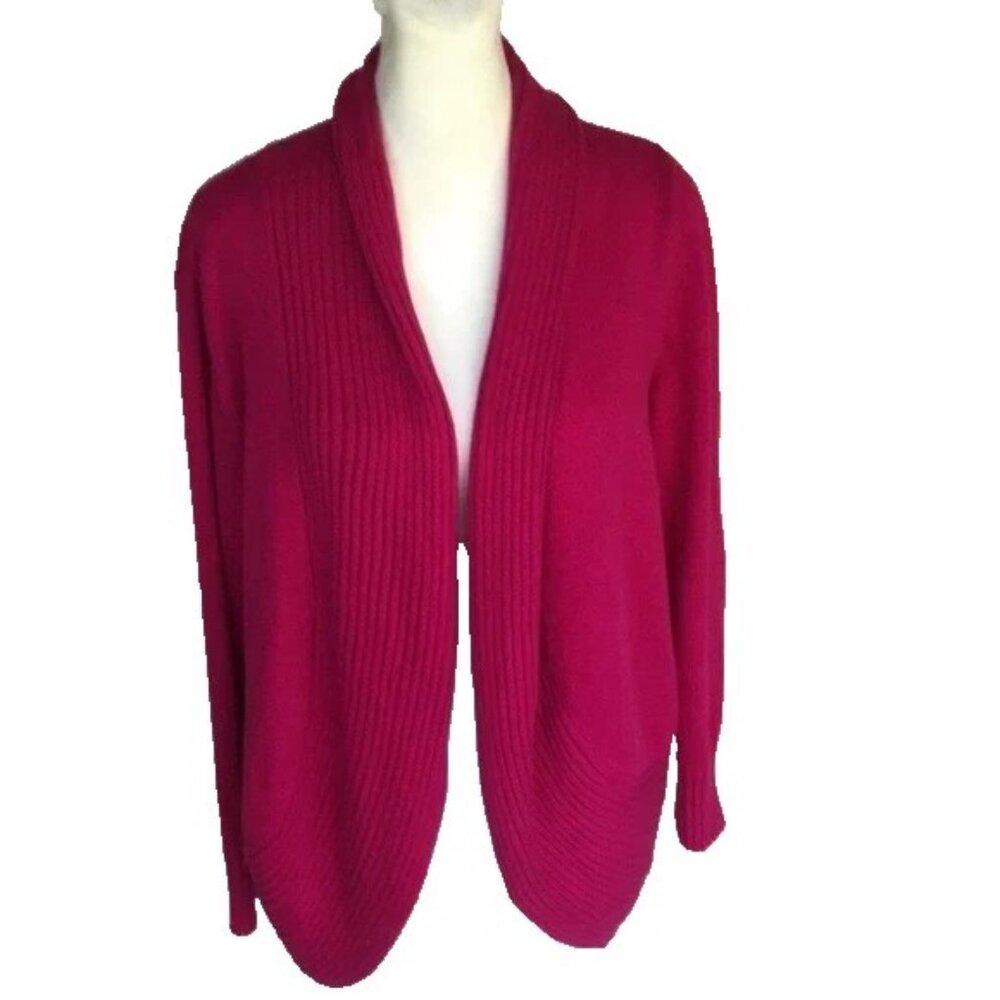 Chicos Open Front Sweater Cardigan Sz 2 L Magenta Shawl Collar Roxanne Excellent - Picture 6 of 12